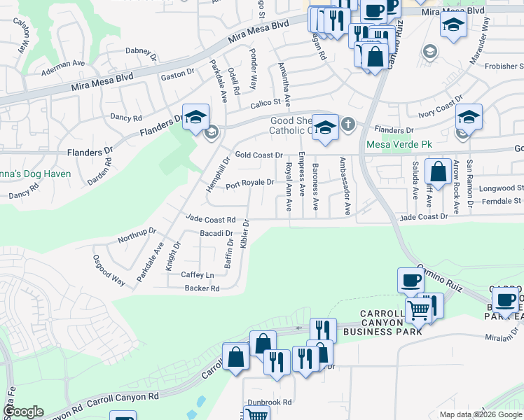 map of restaurants, bars, coffee shops, grocery stores, and more near 10162 Lady Bess Way in San Diego