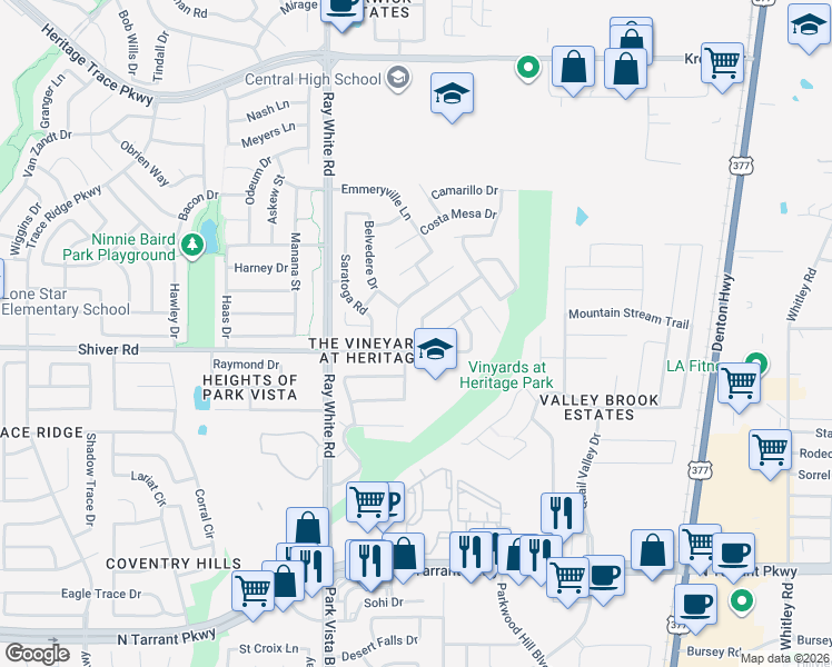 map of restaurants, bars, coffee shops, grocery stores, and more near 5313 Temecula Road in Fort Worth
