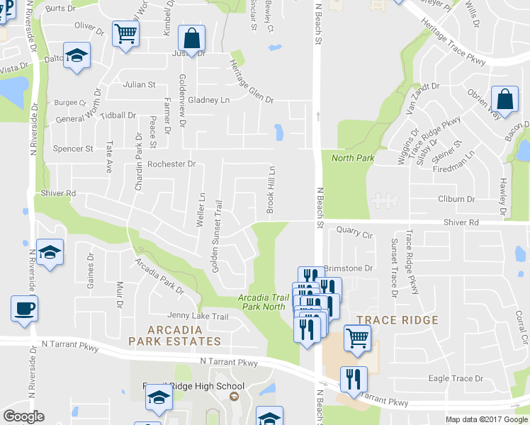 map of restaurants, bars, coffee shops, grocery stores, and more near 8909 Brook Hill Lane in Fort Worth