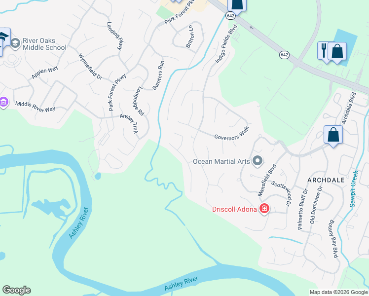 map of restaurants, bars, coffee shops, grocery stores, and more near 5505 Lachapelle Bend in North Charleston