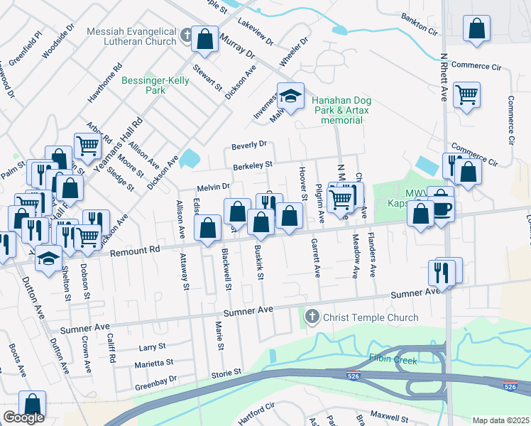 map of restaurants, bars, coffee shops, grocery stores, and more near 5729 Corner Avenue in Hanahan