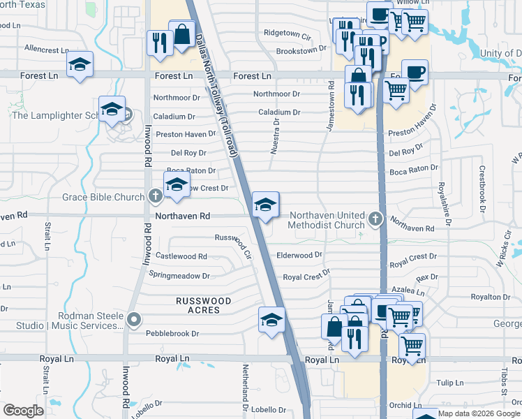 map of restaurants, bars, coffee shops, grocery stores, and more near 5605 Northaven Road in Dallas