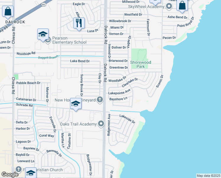 map of restaurants, bars, coffee shops, grocery stores, and more near 8702 Clearlake Drive in Rowlett
