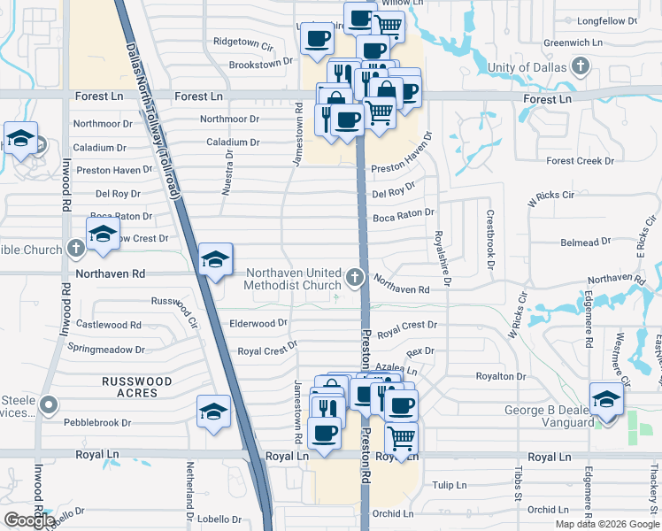 map of restaurants, bars, coffee shops, grocery stores, and more near 5949 Northaven Road in Dallas