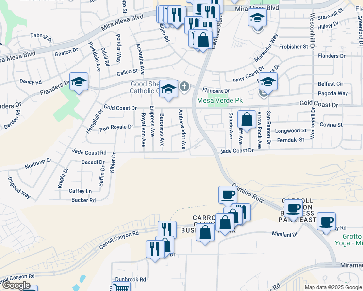 map of restaurants, bars, coffee shops, grocery stores, and more near 10164 Ambassador Avenue in San Diego
