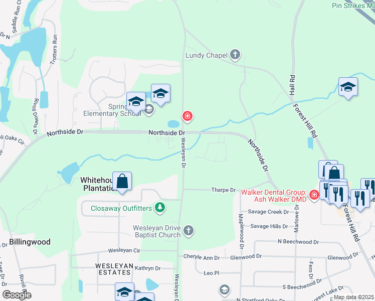 map of restaurants, bars, coffee shops, grocery stores, and more near 1159 Wesleyan Drive in Macon