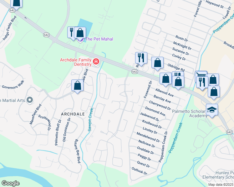map of restaurants, bars, coffee shops, grocery stores, and more near 7950 Parklane Court in North Charleston