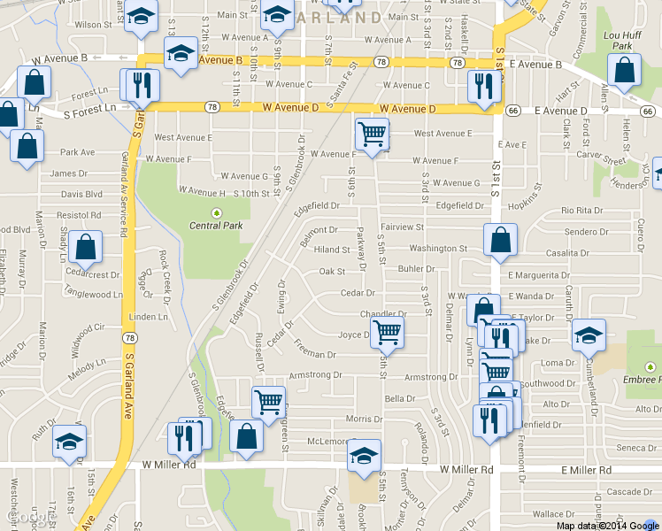 map of restaurants, bars, coffee shops, grocery stores, and more near 621 Oak Street in Garland