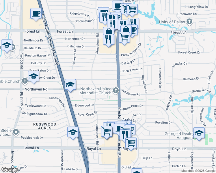 map of restaurants, bars, coffee shops, grocery stores, and more near 5949 Northaven Road in Dallas
