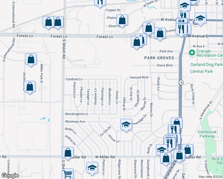 map of restaurants, bars, coffee shops, grocery stores, and more near 1226 Bluebird Lane in Garland