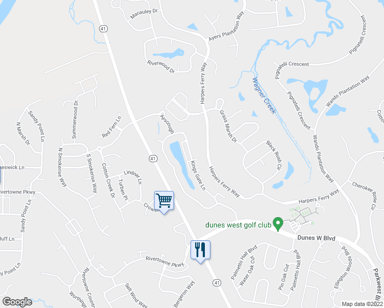 map of restaurants, bars, coffee shops, grocery stores, and more near 2429 Kings Gate Lane in Mount Pleasant