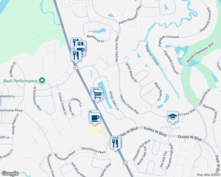 map of restaurants, bars, coffee shops, grocery stores, and more near 2429 Kings Gate Lane in Mount Pleasant