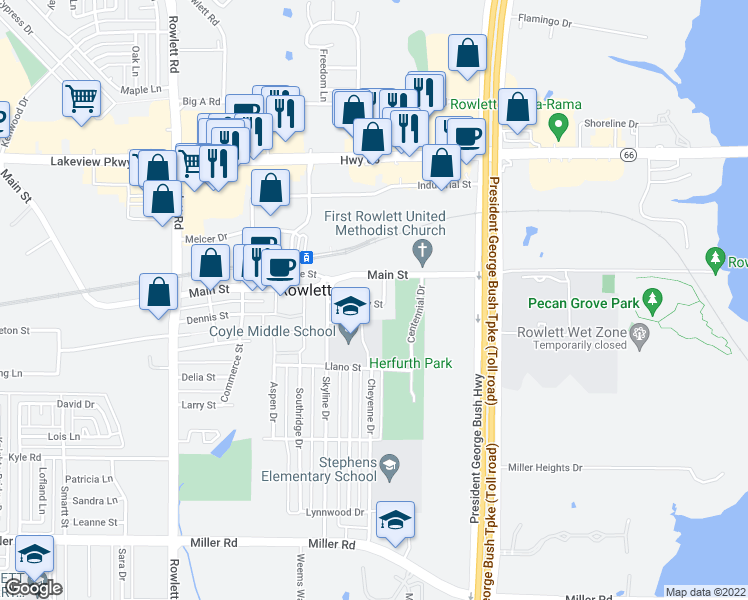 map of restaurants, bars, coffee shops, grocery stores, and more near 4305 Kirby Street in Rowlett