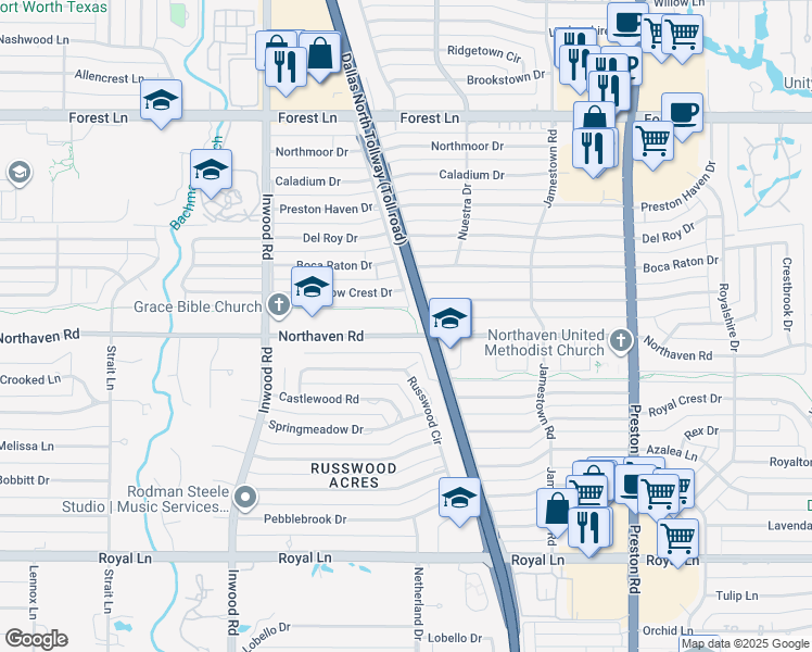 map of restaurants, bars, coffee shops, grocery stores, and more near 5533 Northaven Road in Dallas