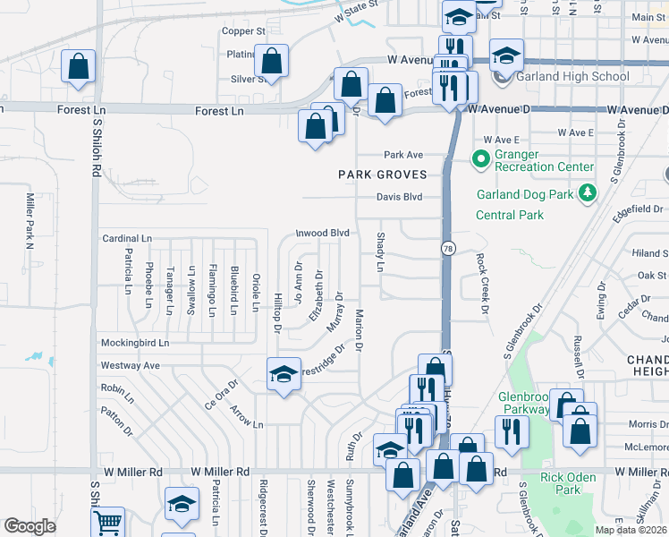 map of restaurants, bars, coffee shops, grocery stores, and more near 1525 Murray Drive in Garland