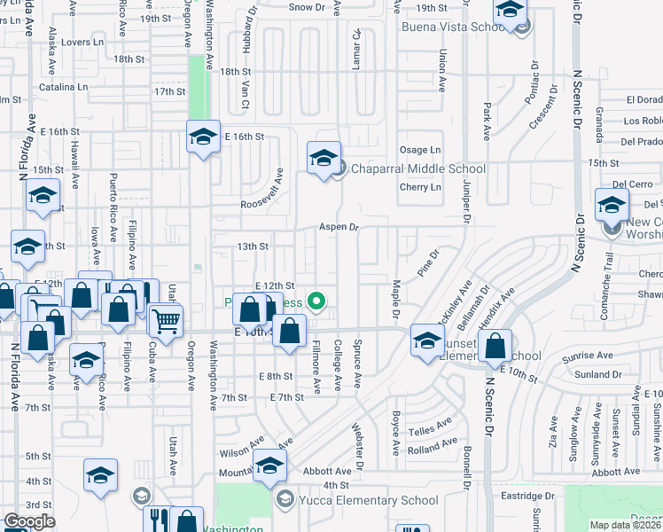 map of restaurants, bars, coffee shops, grocery stores, and more near 1303 College Avenue in Alamogordo