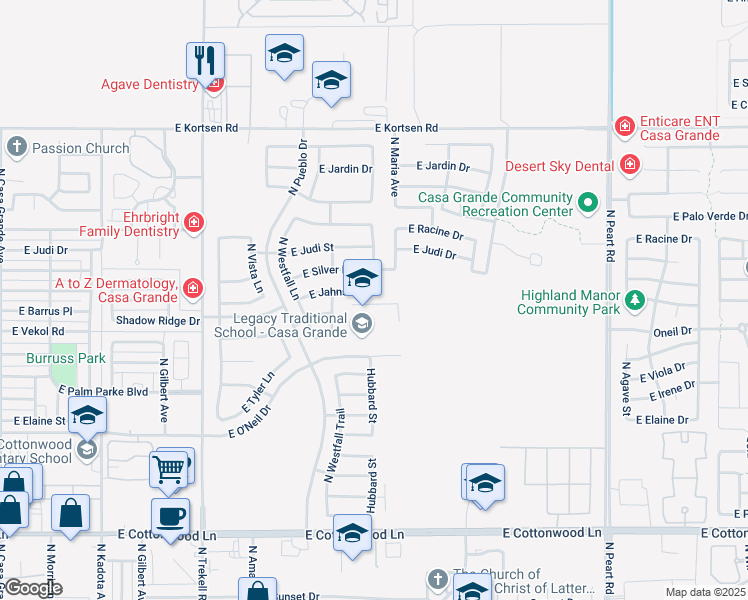 map of restaurants, bars, coffee shops, grocery stores, and more near 1828 North Hubbard Lane in Casa Grande
