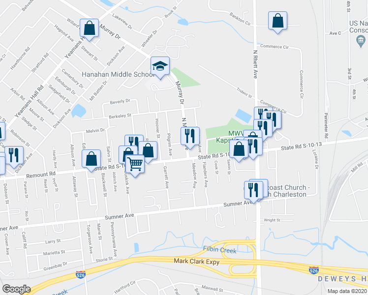map of restaurants, bars, coffee shops, grocery stores, and more near 5725 North Murray Avenue in North Charleston