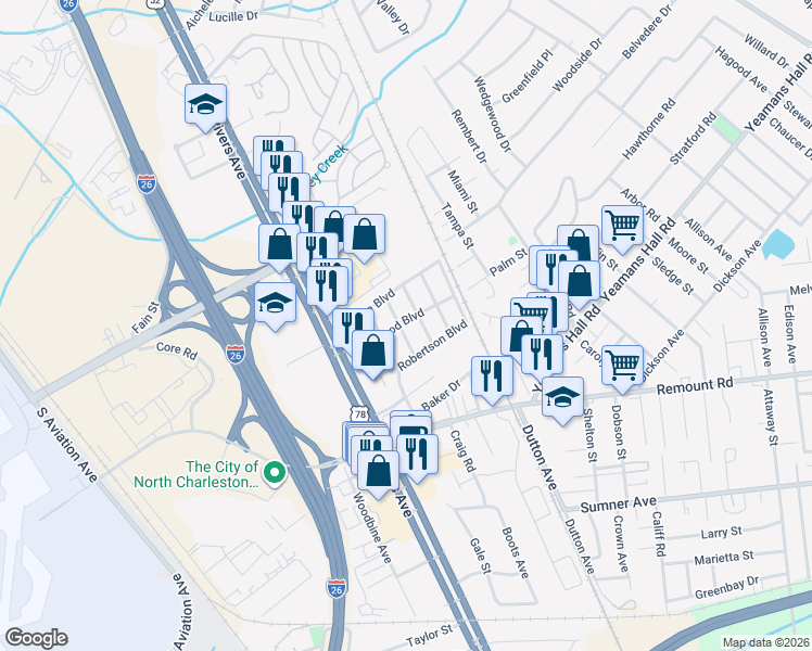 map of restaurants, bars, coffee shops, grocery stores, and more near 5838 Longleaf Avenue in North Charleston