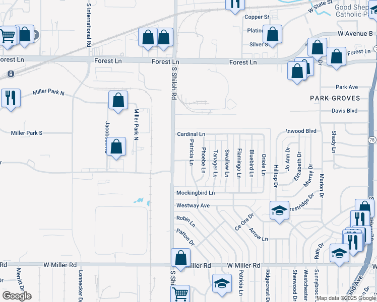 map of restaurants, bars, coffee shops, grocery stores, and more near 1221 Patricia Lane in Garland