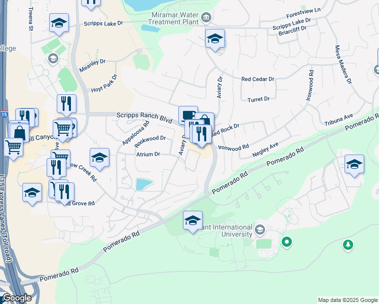 map of restaurants, bars, coffee shops, grocery stores, and more near 9905 Aviary Drive in San Diego