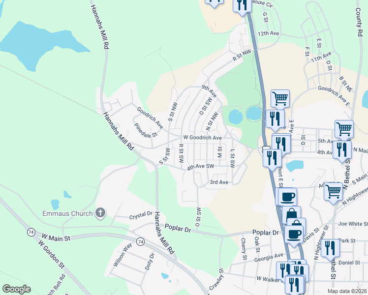 map of restaurants, bars, coffee shops, grocery stores, and more near 113 O Street Southwest in Thomaston