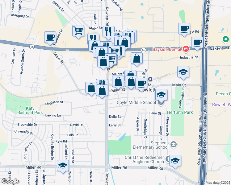 map of restaurants, bars, coffee shops, grocery stores, and more near 3522 Main St in Rowlett