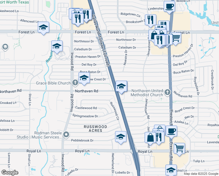 map of restaurants, bars, coffee shops, grocery stores, and more near 5533 Northaven Road in Dallas