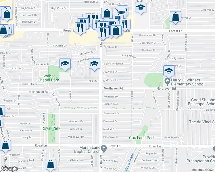 map of restaurants, bars, coffee shops, grocery stores, and more near 3721 Northaven Road in Dallas
