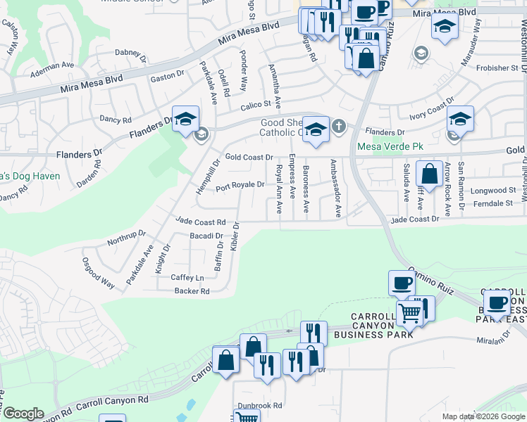map of restaurants, bars, coffee shops, grocery stores, and more near 10162 Lady Bess Way in San Diego