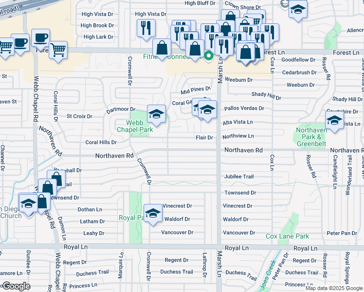map of restaurants, bars, coffee shops, grocery stores, and more near 3529 Northaven Road in Dallas