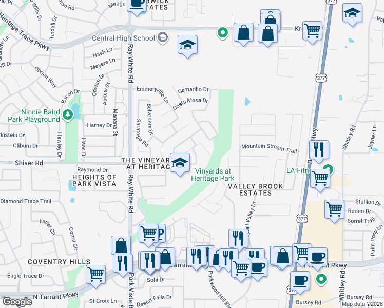 map of restaurants, bars, coffee shops, grocery stores, and more near 5521 Shiver Road in Fort Worth