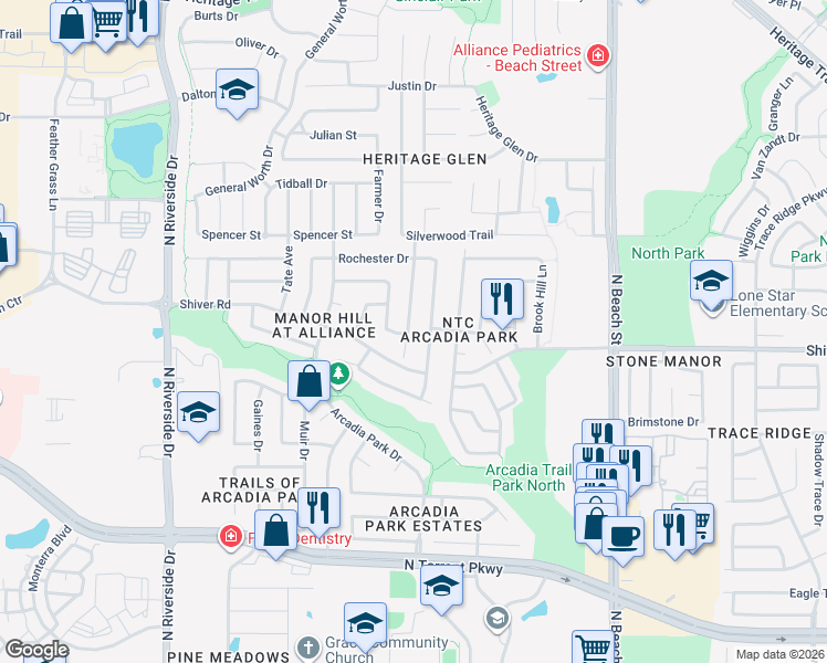 map of restaurants, bars, coffee shops, grocery stores, and more near 9000 Heartwood Drive in Fort Worth