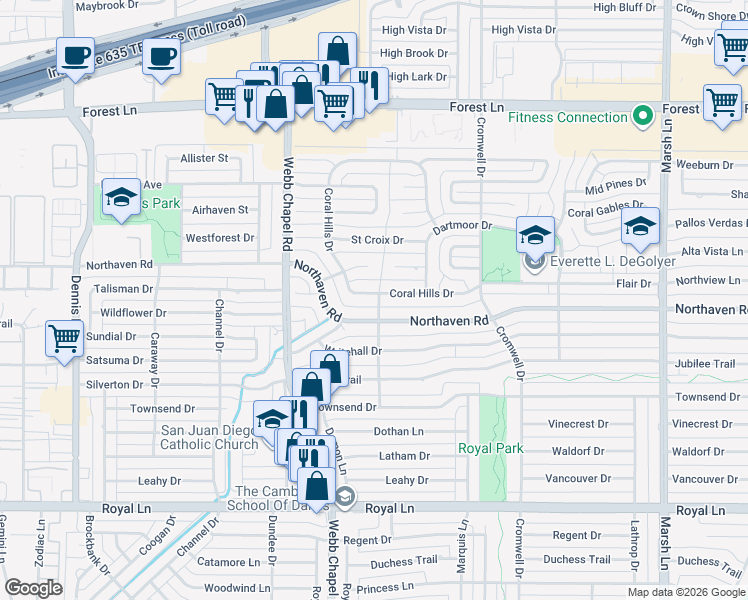 map of restaurants, bars, coffee shops, grocery stores, and more near 11403 Shans Street in Dallas