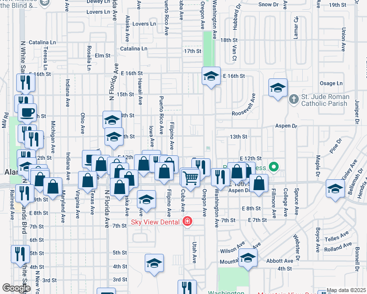 map of restaurants, bars, coffee shops, grocery stores, and more near 1207 Cuba Avenue in Alamogordo