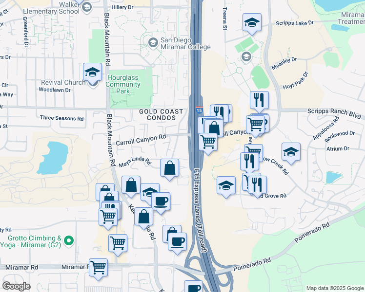 map of restaurants, bars, coffee shops, grocery stores, and more near 10151 Maya Linda Road in San Diego