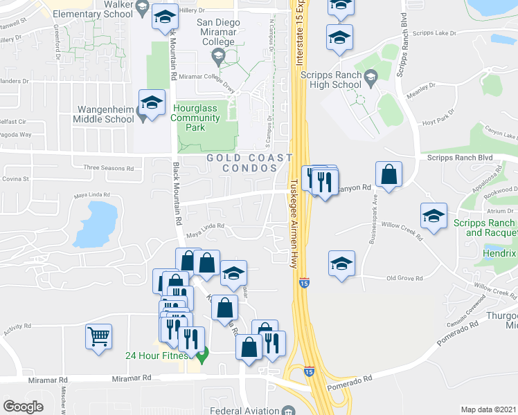 map of restaurants, bars, coffee shops, grocery stores, and more near 10147 Caminito Volar in San Diego