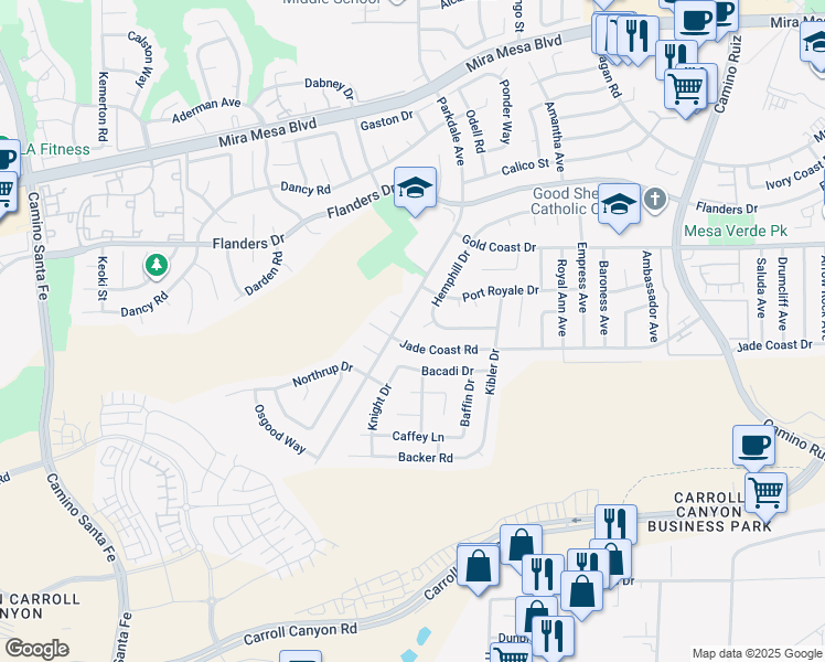 map of restaurants, bars, coffee shops, grocery stores, and more near 10161 Hendricks Court in San Diego