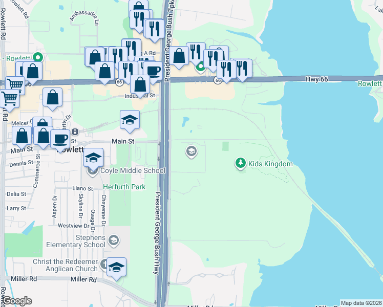 map of restaurants, bars, coffee shops, grocery stores, and more near 5364-5706 Old State Highway 66 in Rowlett