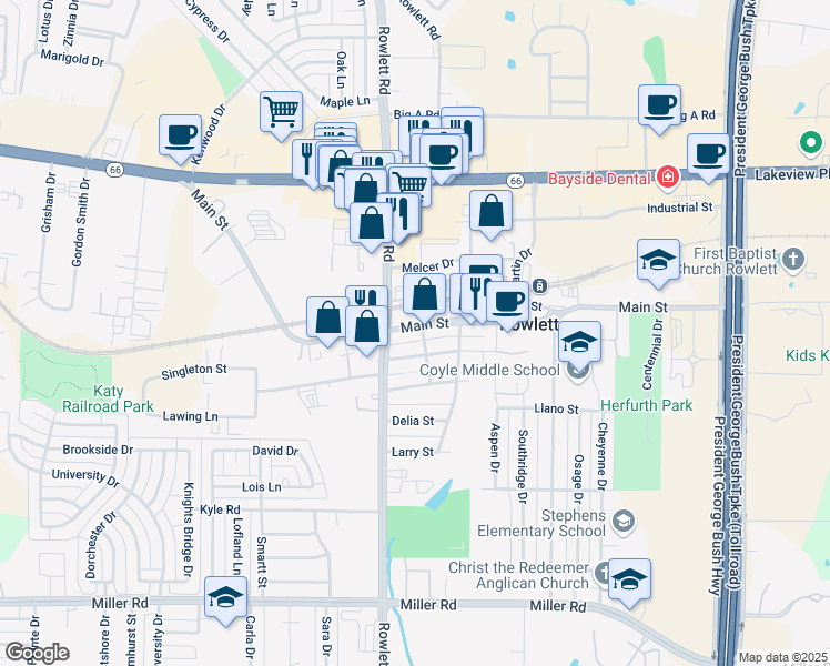 map of restaurants, bars, coffee shops, grocery stores, and more near 3522 Main Street in Rowlett