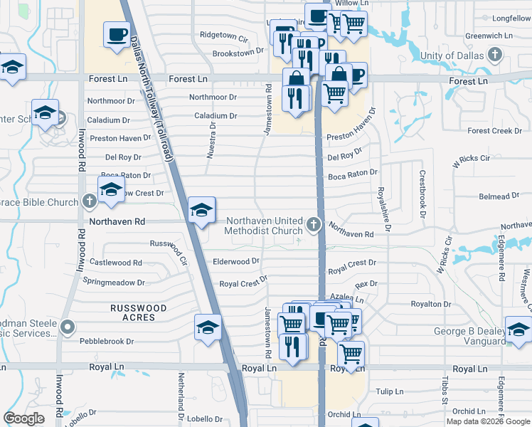 map of restaurants, bars, coffee shops, grocery stores, and more near 5915 Northaven Road in Dallas