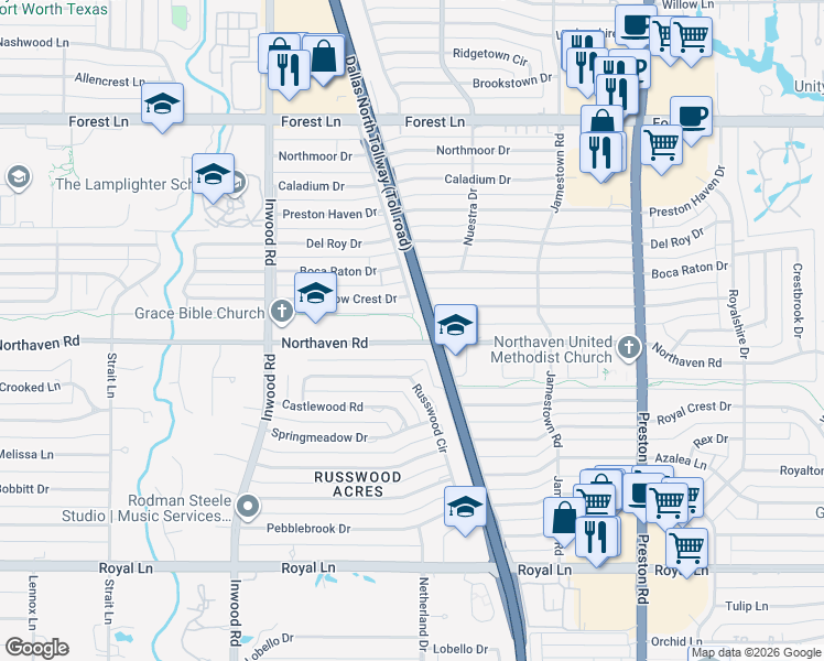 map of restaurants, bars, coffee shops, grocery stores, and more near 5533 Northaven Road in Dallas