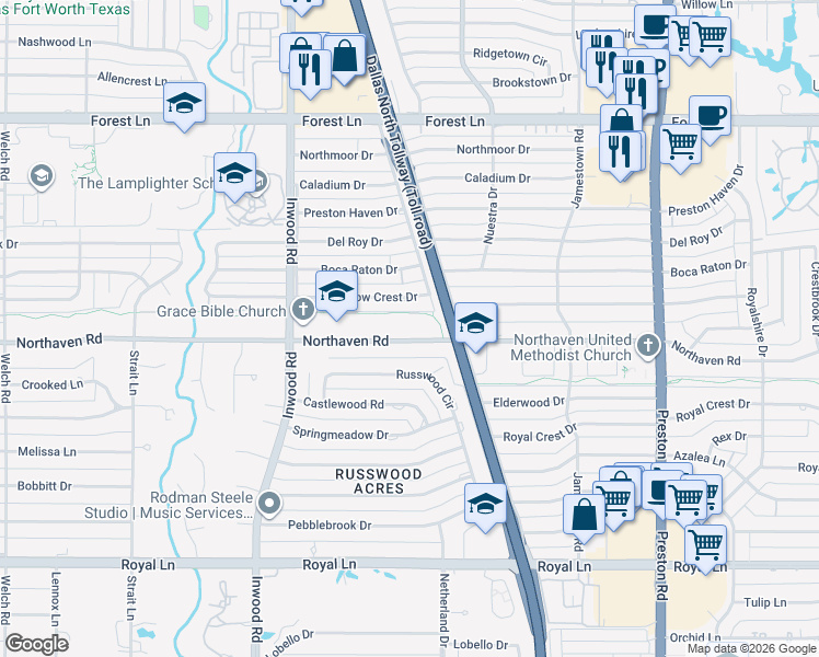 map of restaurants, bars, coffee shops, grocery stores, and more near 5501 Northaven Road in Dallas