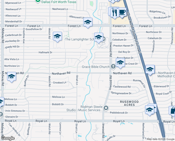 map of restaurants, bars, coffee shops, grocery stores, and more near 5019 Northaven Road in Dallas
