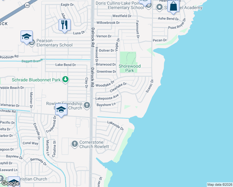 map of restaurants, bars, coffee shops, grocery stores, and more near 8913 Lakepointe Avenue in Rowlett
