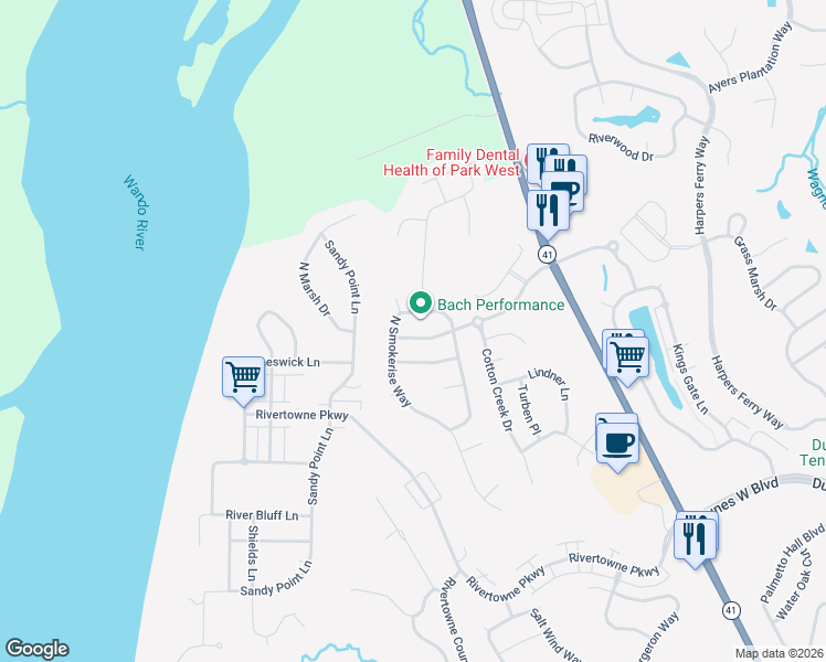 map of restaurants, bars, coffee shops, grocery stores, and more near 2616 Planters Pointe Boulevard in Mount Pleasant