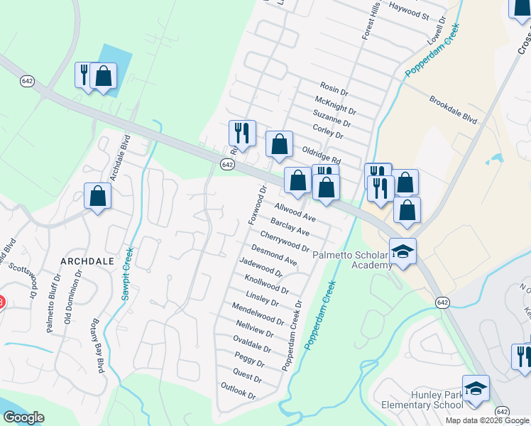 map of restaurants, bars, coffee shops, grocery stores, and more near 7736 Barclay Avenue in North Charleston