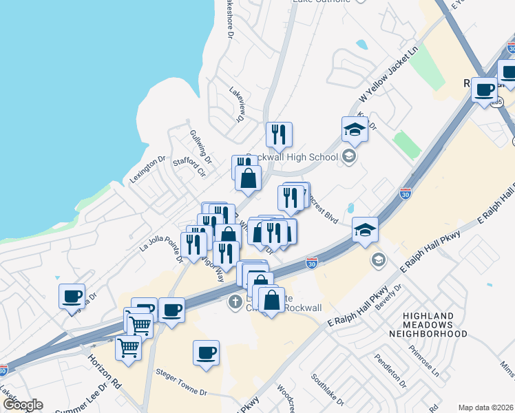 map of restaurants, bars, coffee shops, grocery stores, and more near 2251 Ridge Road in Rockwall
