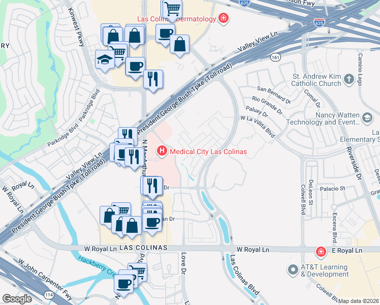 map of restaurants, bars, coffee shops, grocery stores, and more near 22 Courtyard Lane in Irving