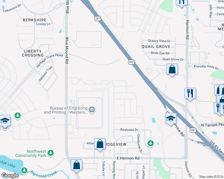 map of restaurants, bars, coffee shops, grocery stores, and more near 8760-8809 Devonshire Drive in Fort Worth